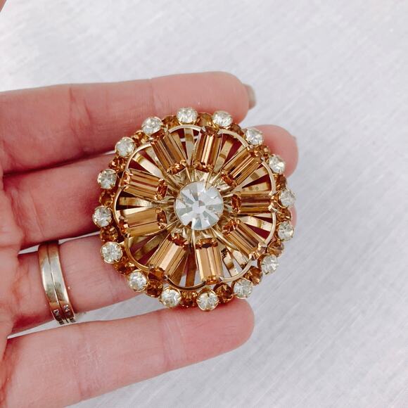 VTG 1950s Rhinestone Domed Layered Swivel Brooch Amber, Clear Stones Gold-Tone - Picture 4 of 7